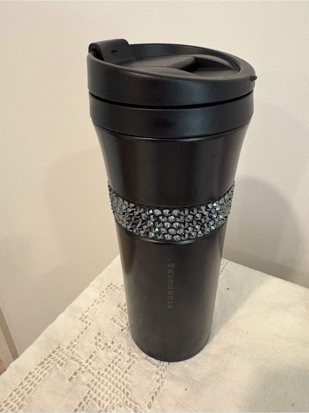 Starbucks Rare Swarovski Crystal Band Black Tumbler Travel Mug Twist Lid 16 oz